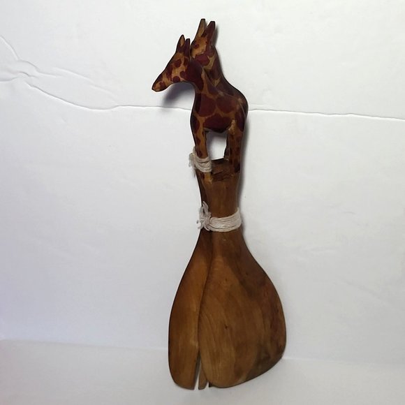 VTG Wooden Giraffe Wooden Salad Serving Set Fork and Spoon Hand Carved - Picture 11 of 12